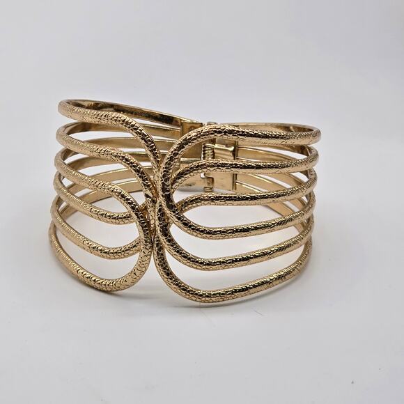 Front Open Gold Tone Textured Metal Hinged Fashion Wide Cuff Bracelet - Picture 1 of 9